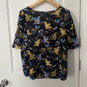 Loft Navy Floral Blouse with Elbow Sleeves